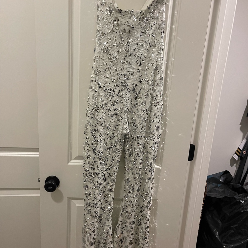 12th Tribe Silver Sequin Boot Cut Jumpsuit - Picture 6 of 7